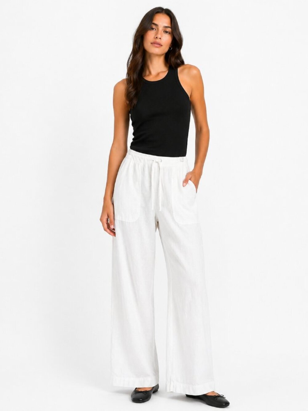PURE AMICI Linen Cotton Wide Leg Pants Pockets White Drawstring Size Medium NWT